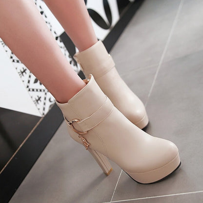 Booties Side Zippers Metal Buckles Block Chunky Heel Platform Short Boots for Women