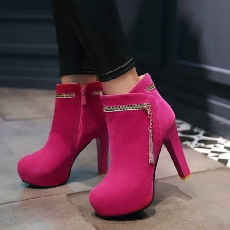 Booties Metal Tassel Side Zippers Block Chunky Heel Platform Short Boots for Women