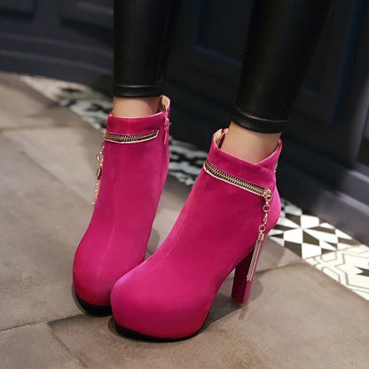 Booties Metal Tassel Side Zippers Block Chunky Heel Platform Short Boots for Women