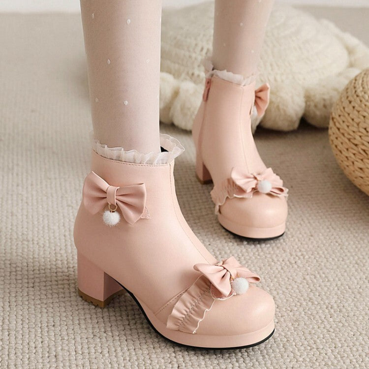 Booties Lolita Lace Bows Block Chunky Heel Platform Short Boots for Women