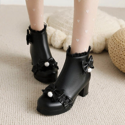 Booties Lolita Lace Bows Block Chunky Heel Platform Short Boots for Women