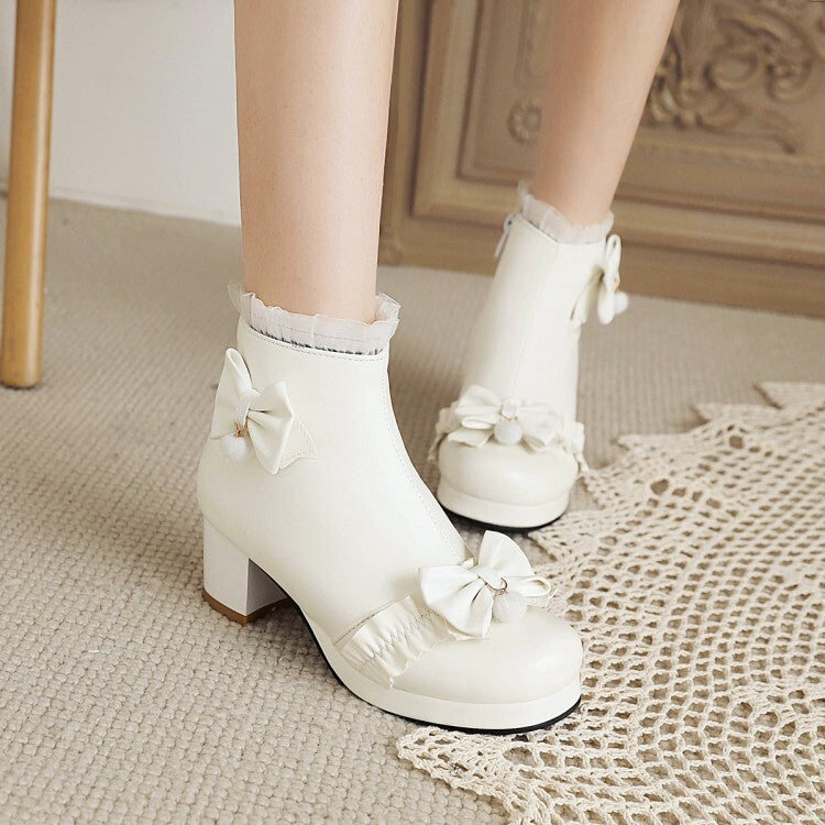 Booties Lolita Lace Bows Block Chunky Heel Platform Short Boots for Women