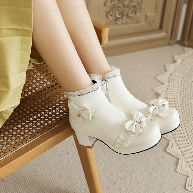 Booties Lolita Lace Bows Block Chunky Heel Platform Short Boots for Women