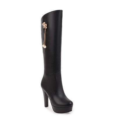 Round Toe Pearls Flowers Block Chunky Heel Platform Knee High Boots for Women