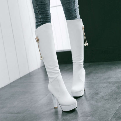 Round Toe Pearls Flowers Block Chunky Heel Platform Knee High Boots for Women