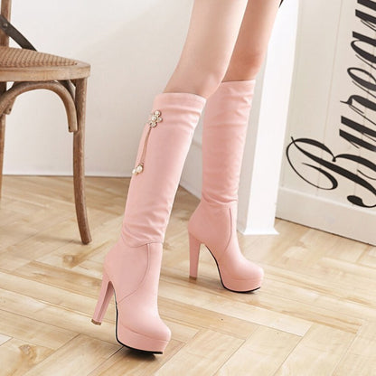 Round Toe Pearls Flowers Block Chunky Heel Platform Knee High Boots for Women