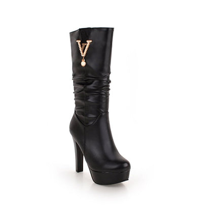 Round Toe Rhinestone Block Chunky Heel Platform Mid-Calf Boots for Women