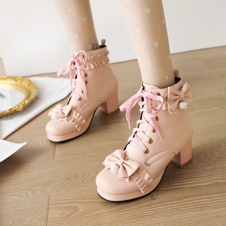 Booties Lolita Bows Lace-Up Block Chunky Heel Platform Short Boots for Women