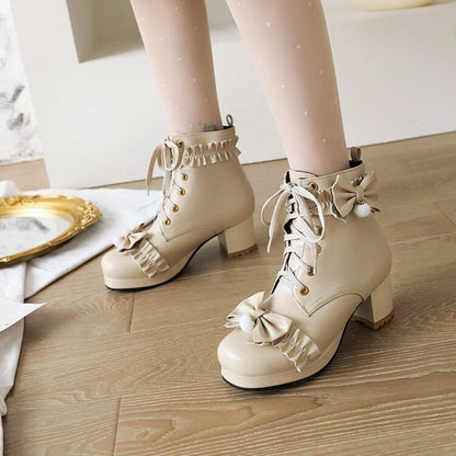 Booties Lolita Bows Lace-Up Block Chunky Heel Platform Short Boots for Women