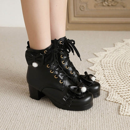 Booties Lolita Bows Lace-Up Block Chunky Heel Platform Short Boots for Women