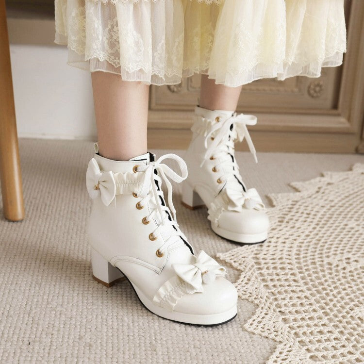 Booties Lolita Bows Lace-Up Block Chunky Heel Platform Short Boots for Women