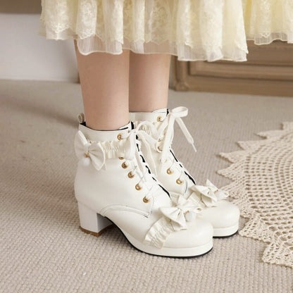 Booties Lolita Bows Lace-Up Block Chunky Heel Platform Short Boots for Women