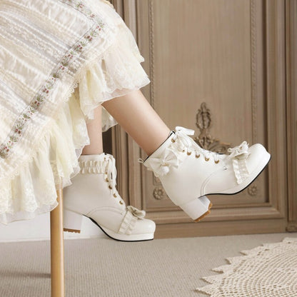 Booties Lolita Bows Lace-Up Block Chunky Heel Platform Short Boots for Women