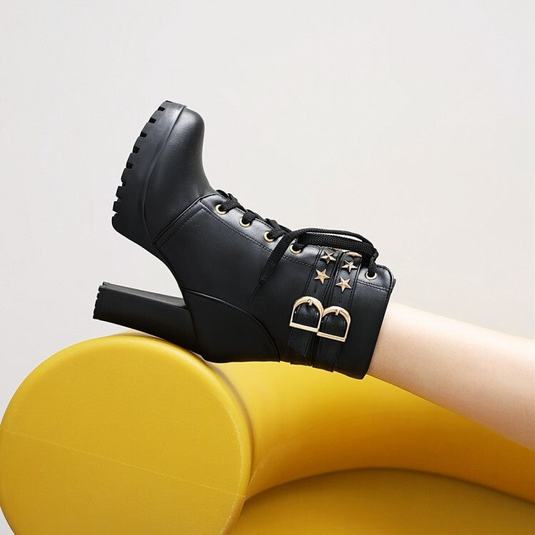 Booties Stars Buckles Lace-Up Block Chunky Heel Platform Short Boots for Women