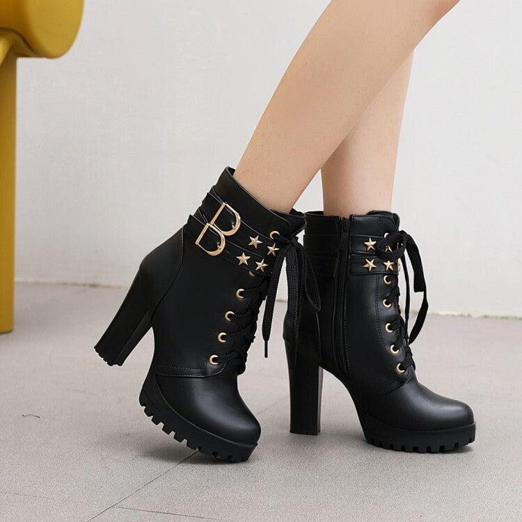 Booties Stars Buckles Lace-Up Block Chunky Heel Platform Short Boots for Women