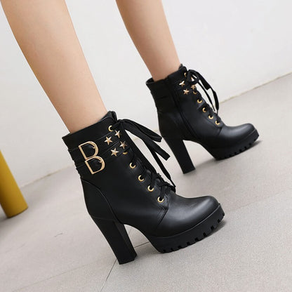 Booties Stars Buckles Lace-Up Block Chunky Heel Platform Short Boots for Women