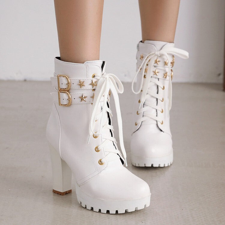 Booties Stars Buckles Lace-Up Block Chunky Heel Platform Short Boots for Women