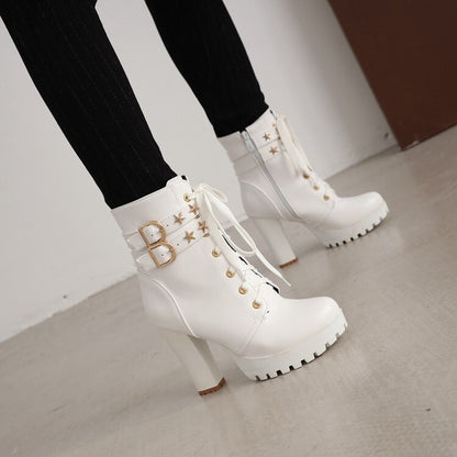 Booties Stars Buckles Lace-Up Block Chunky Heel Platform Short Boots for Women