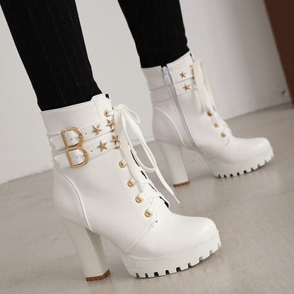 Booties Stars Buckles Lace-Up Block Chunky Heel Platform Short Boots for Women