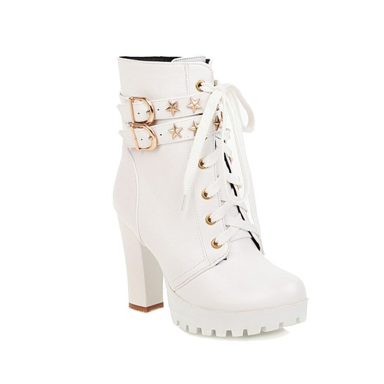 Booties Stars Buckles Lace-Up Block Chunky Heel Platform Short Boots for Women