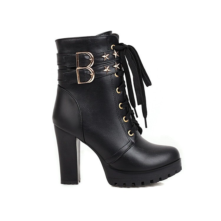 Booties Stars Buckles Lace-Up Block Chunky Heel Platform Short Boots for Women