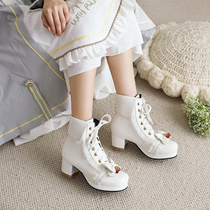 Booties Lace Bows Fold Block Chunky Heel Platform Short Boots for Women