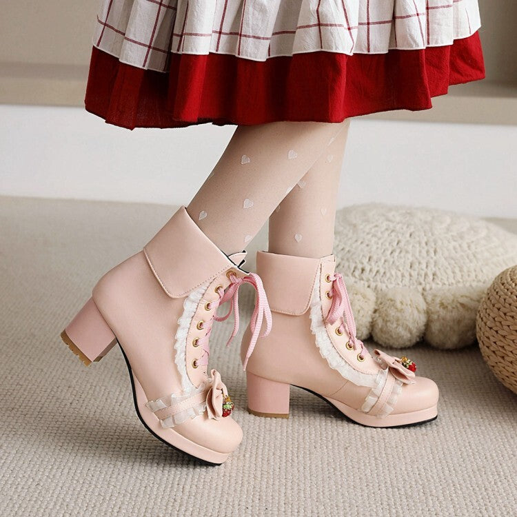 Booties Lace Bows Fold Block Chunky Heel Platform Short Boots for Women