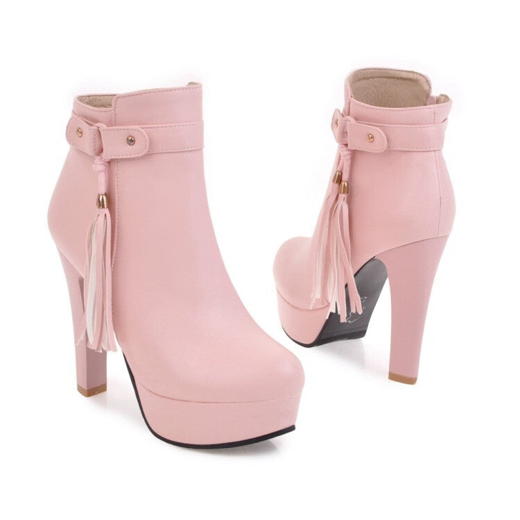 Booties Tassel Side Zippers Block Chunky Heel Platform Short Boots for Women