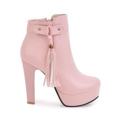 Booties Tassel Side Zippers Block Chunky Heel Platform Short Boots for Women