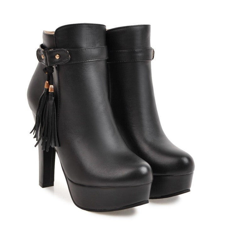 Booties Tassel Side Zippers Block Chunky Heel Platform Short Boots for Women