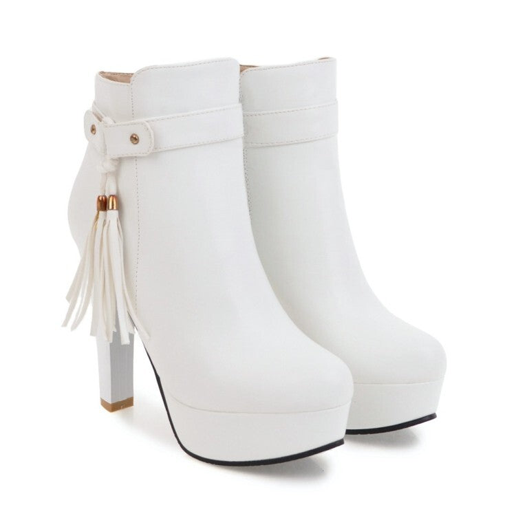 Booties Tassel Side Zippers Block Chunky Heel Platform Short Boots for Women