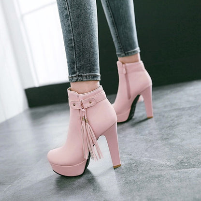 Booties Tassel Side Zippers Block Chunky Heel Platform Short Boots for Women