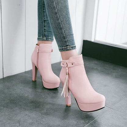 Booties Tassel Side Zippers Block Chunky Heel Platform Short Boots for Women