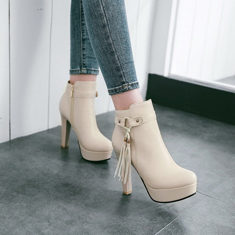 Booties Tassel Side Zippers Block Chunky Heel Platform Short Boots for Women