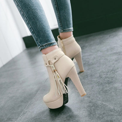 Booties Tassel Side Zippers Block Chunky Heel Platform Short Boots for Women