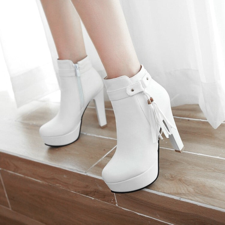 Booties Tassel Side Zippers Block Chunky Heel Platform Short Boots for Women