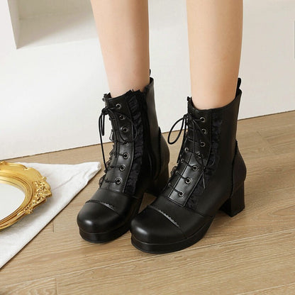 Booties Lolita Lace Lace-Up Block Chunky Heel Platform Short Boots for Women