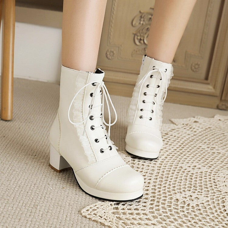 Booties Lolita Lace Lace-Up Block Chunky Heel Platform Short Boots for Women