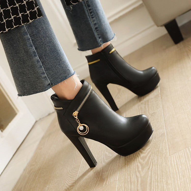 Booties Side Zippers Rhinestone Block Chunky Heel Platform Short Boots for Women