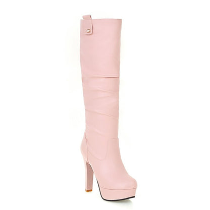 Round Toe Block Chunky Heel Platform Knee High Boots for Women