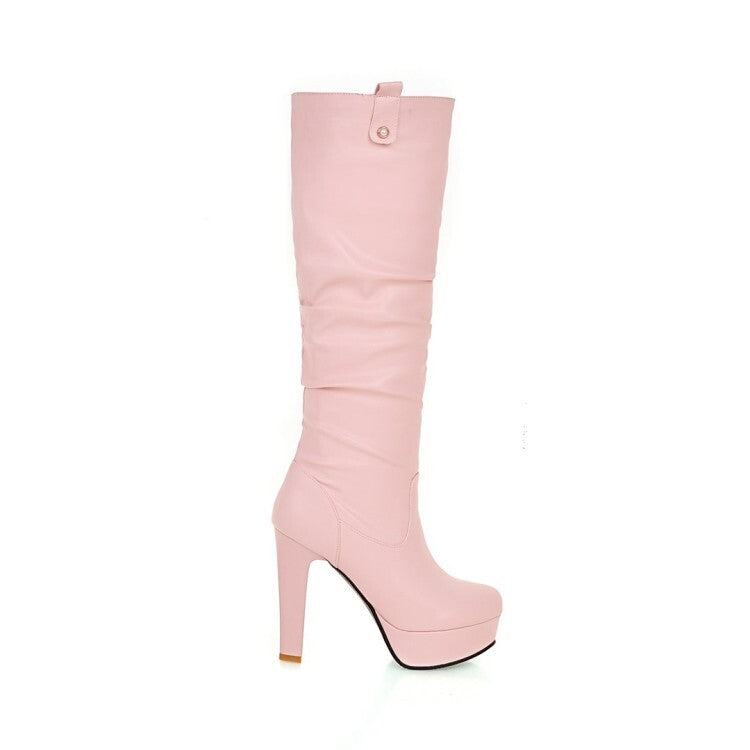 Round Toe Block Chunky Heel Platform Knee High Boots for Women