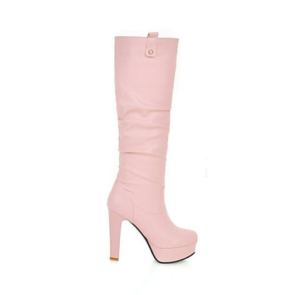 Round Toe Block Chunky Heel Platform Knee High Boots for Women