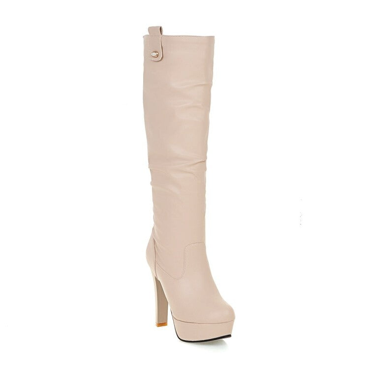 Round Toe Block Chunky Heel Platform Knee High Boots for Women