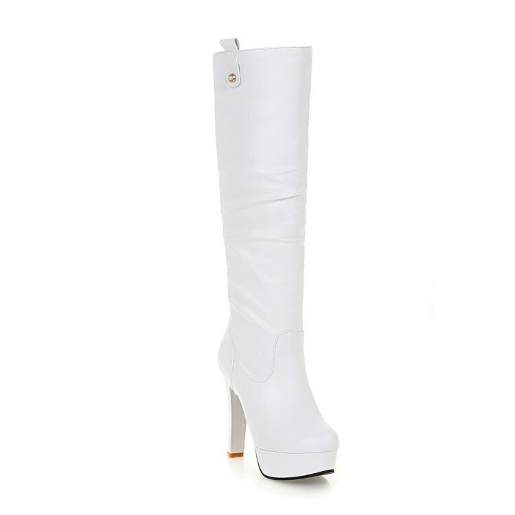 Round Toe Block Chunky Heel Platform Knee High Boots for Women