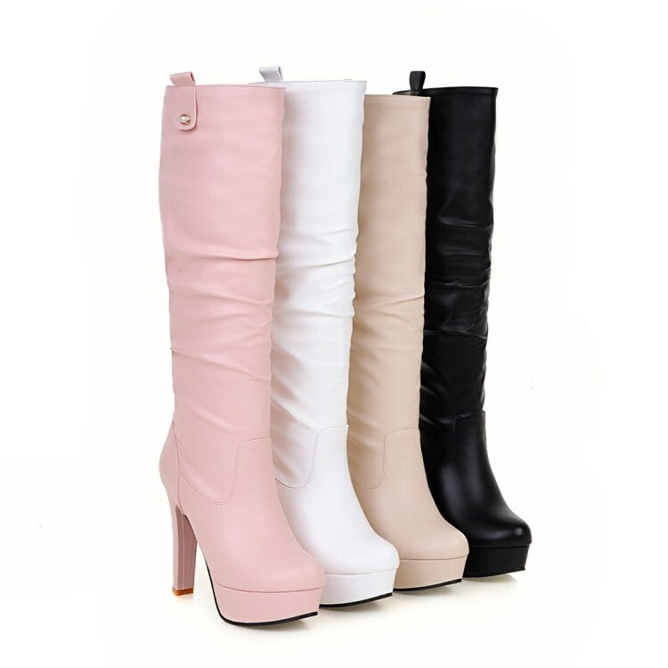 Round Toe Block Chunky Heel Platform Knee High Boots for Women