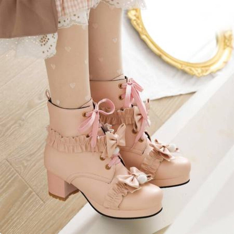 Booties Lolita Lace-Up Bows Block Chunky Heel Platform Short Boots for Women