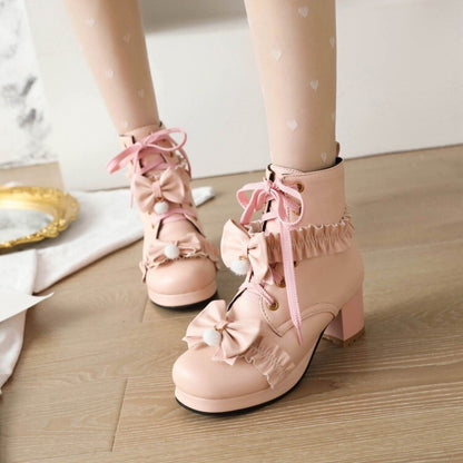 Booties Lolita Lace-Up Bows Block Chunky Heel Platform Short Boots for Women