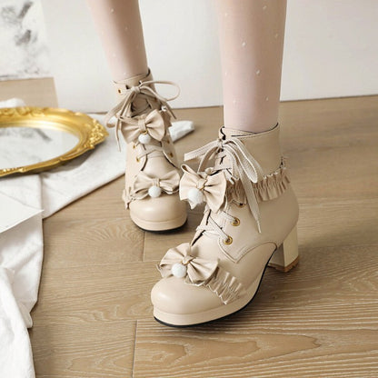 Booties Lolita Lace-Up Bows Block Chunky Heel Platform Short Boots for Women