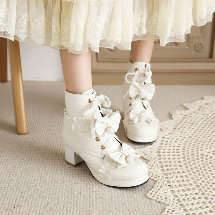 Booties Lolita Lace-Up Bows Block Chunky Heel Platform Short Boots for Women