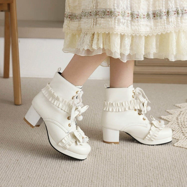 Booties Lolita Lace-Up Bows Block Chunky Heel Platform Short Boots for Women